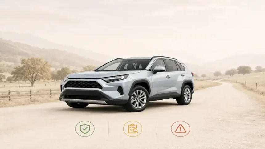 Generic compact SUV with best, inspect carefully, and higher caution model-year labels for a used Toyota RAV4 buying guide