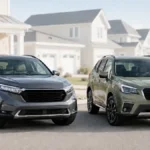 Honda CR-V and Subaru Forester parked side by side for a used SUV comparison
