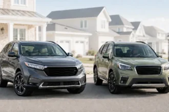 Honda CR-V and Subaru Forester parked side by side for a used SUV comparison