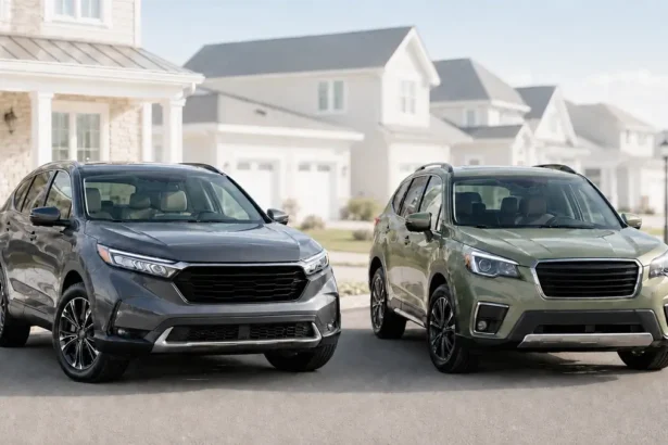 Honda CR-V and Subaru Forester parked side by side for a used SUV comparison