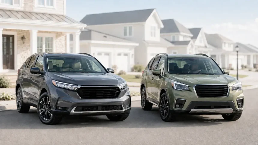 Honda CR-V and Subaru Forester parked side by side for a used SUV comparison
