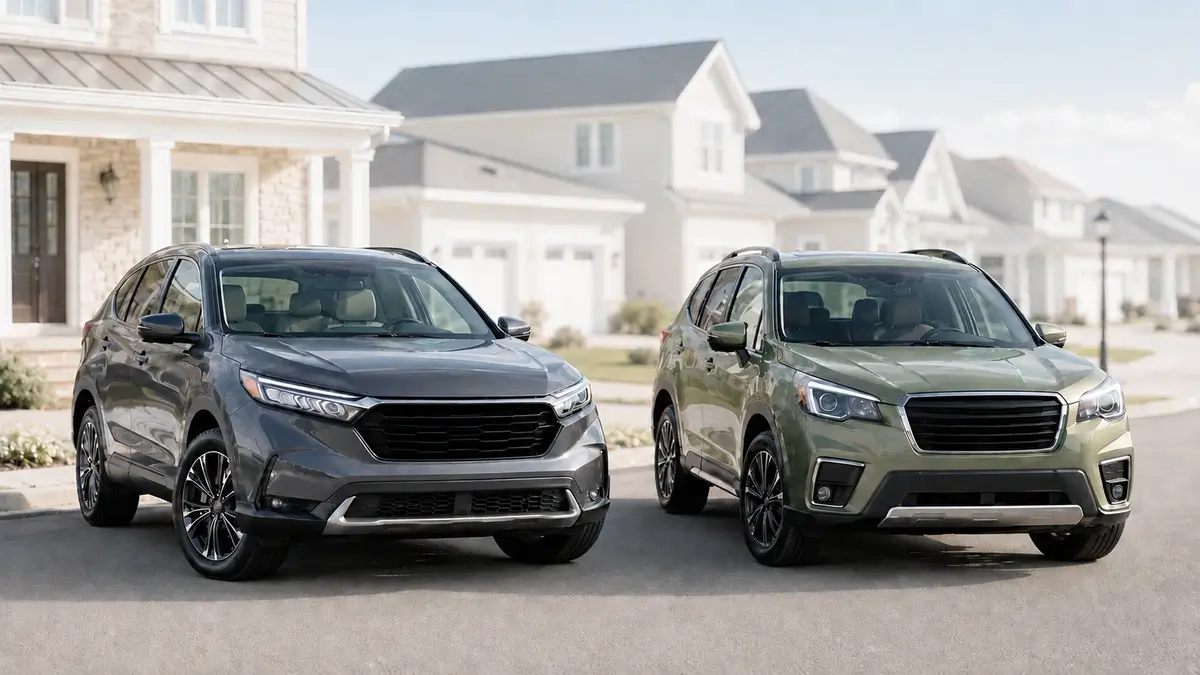 Honda CR-V and Subaru Forester parked side by side for a used SUV comparison
