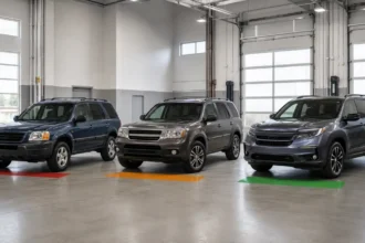 Used Honda Pilot SUVs from different generations lined up for a model-year risk comparison