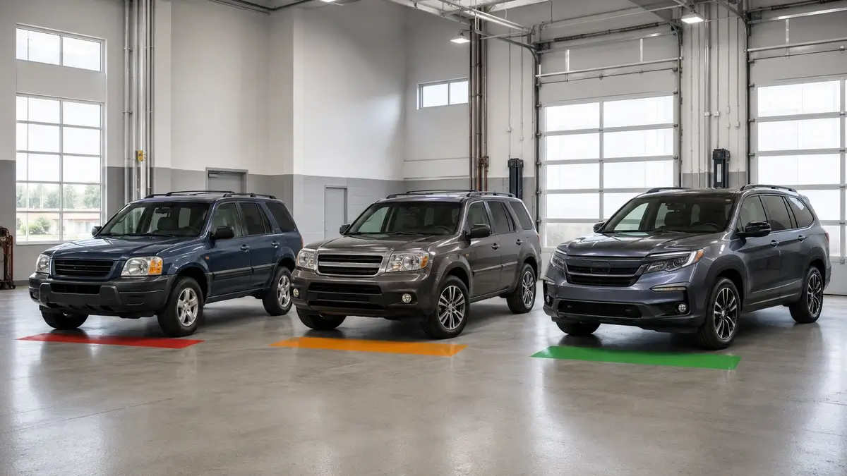 Used Honda Pilot SUVs from different generations lined up for a model-year risk comparison