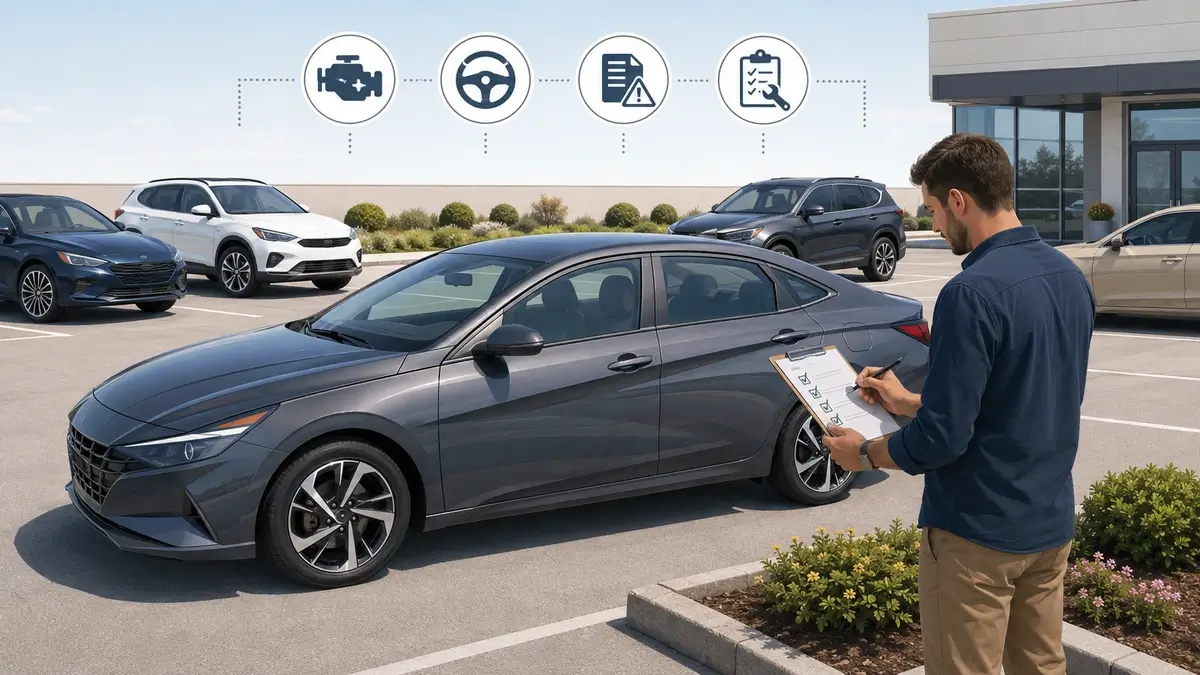 Used Hyundai Elantra sedan with buyer inspection checklist