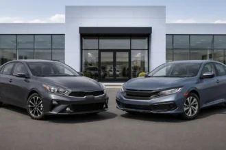 Used Kia Forte and Honda Civic parked side by side for a compact sedan comparison
