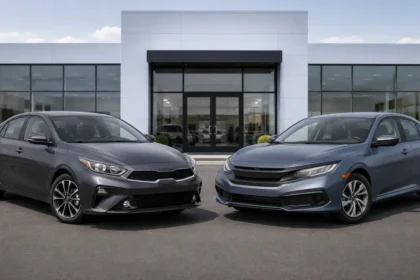 Used Kia Forte and Honda Civic parked side by side for a compact sedan comparison