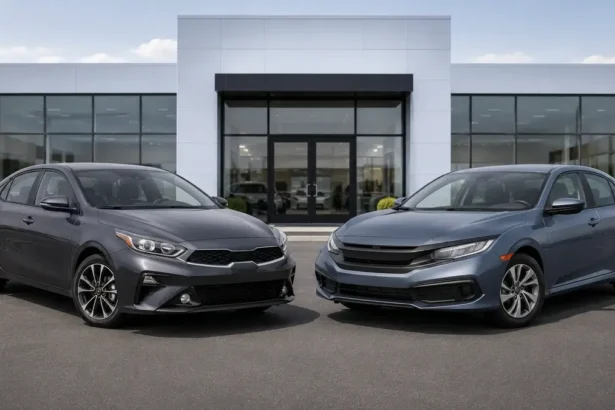 Used Kia Forte and Honda Civic parked side by side for a compact sedan comparison