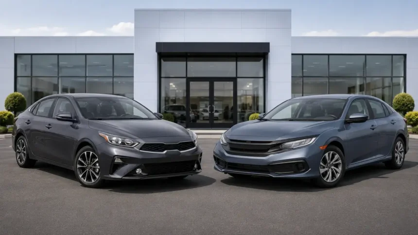 Used Kia Forte and Honda Civic parked side by side for a compact sedan comparison