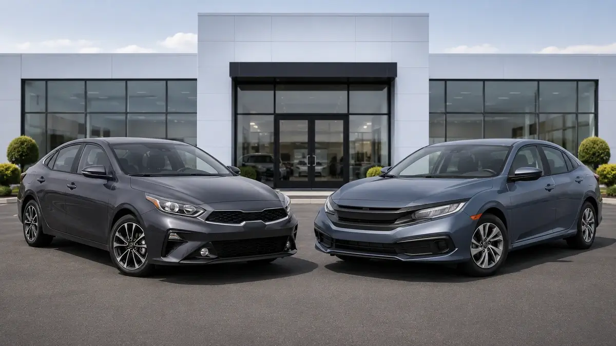 Used Kia Forte and Honda Civic parked side by side for a compact sedan comparison