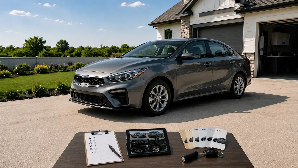 Used Kia Forte sedan with inspection checklist for model-year buying guidance