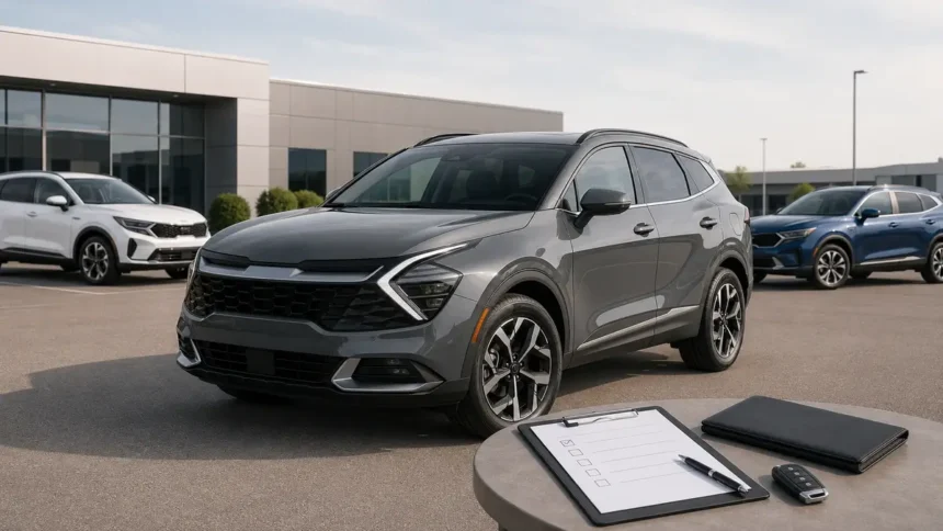 Used Kia Sportage parked for inspection before purchase