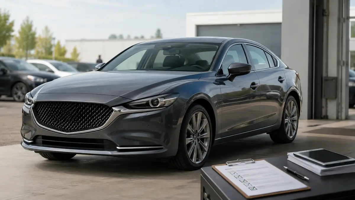 Used Mazda6 sedan being inspected before purchase