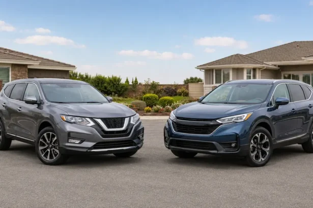 Used Nissan Rogue and Honda CR-V parked side by side for a compact SUV comparison