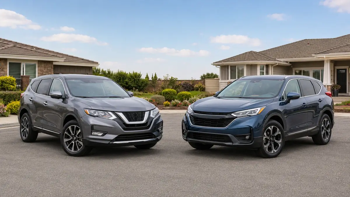 Used Nissan Rogue and Honda CR-V parked side by side for a compact SUV comparison