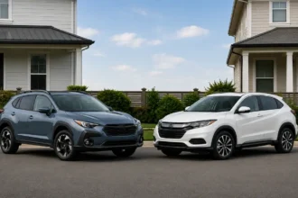 Subaru Crosstrek and Honda HR-V parked side by side for a used small SUV comparison