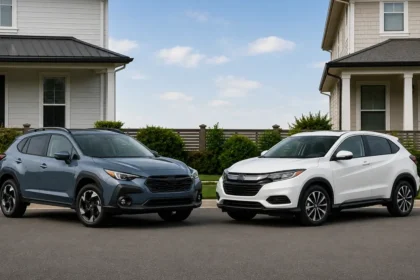 Subaru Crosstrek and Honda HR-V parked side by side for a used small SUV comparison