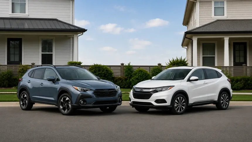 Subaru Crosstrek and Honda HR-V parked side by side for a used small SUV comparison