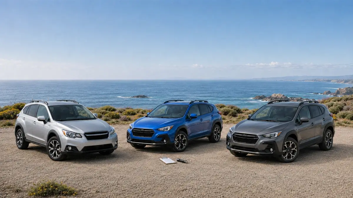 Three Subaru Crosstrek generations shown for a used-car model-year guide