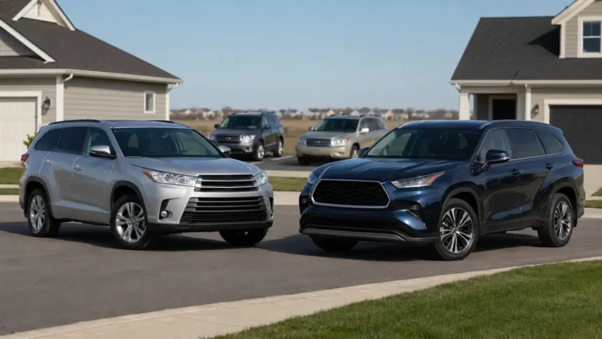 Used Toyota Highlander model years parked side by side for comparison