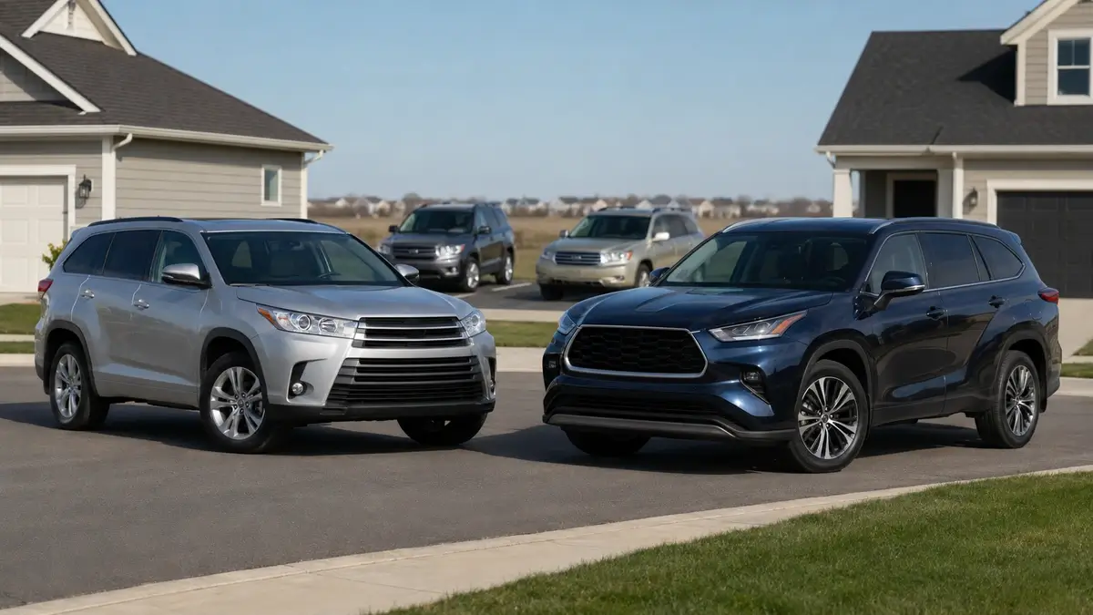 Used Toyota Highlander model years parked side by side for comparison