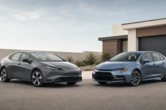 Used Toyota Prius and Toyota Corolla Hybrid parked side by side for comparison