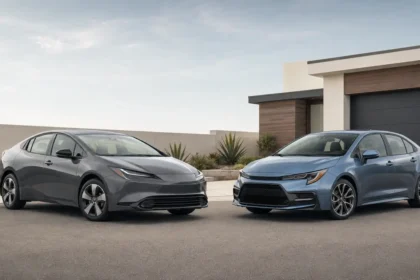 Used Toyota Prius and Toyota Corolla Hybrid parked side by side for comparison