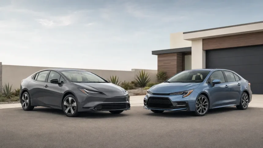 Used Toyota Prius and Toyota Corolla Hybrid parked side by side for comparison