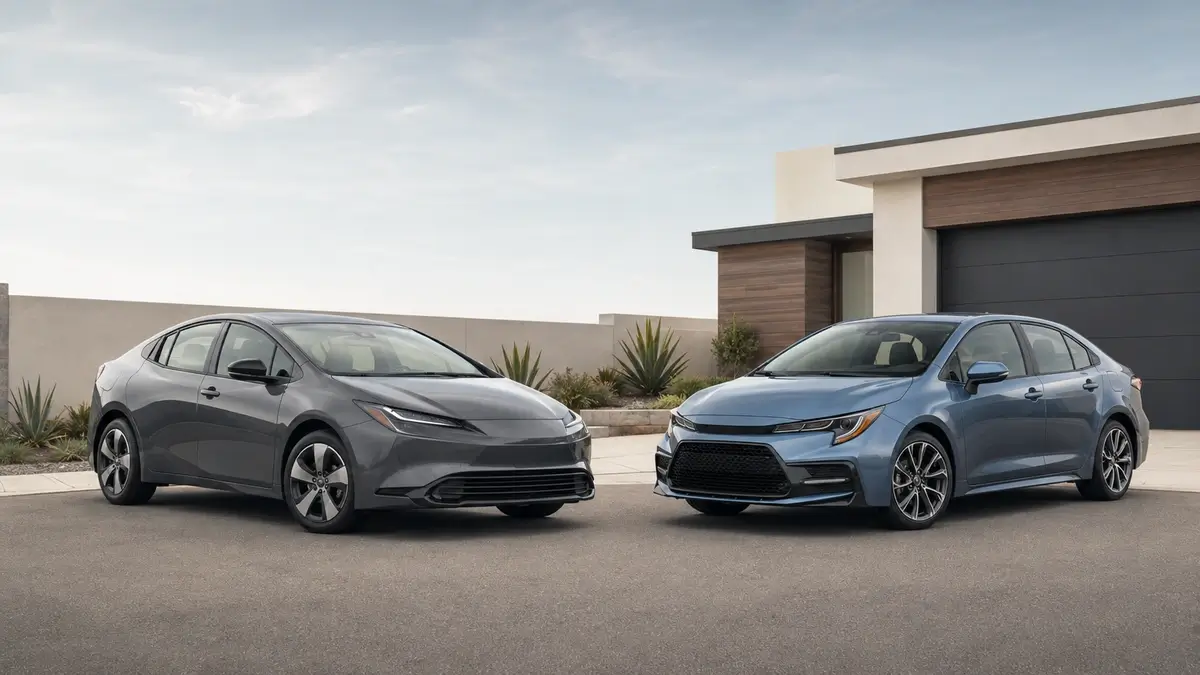 Used Toyota Prius and Toyota Corolla Hybrid parked side by side for comparison