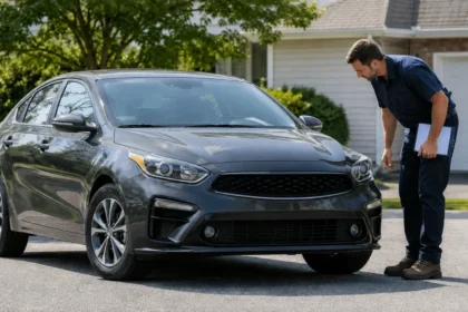 Used Kia Forte being inspected for reliability before purchase
