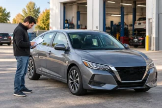 Used Nissan Sentra sedan being evaluated before purchase