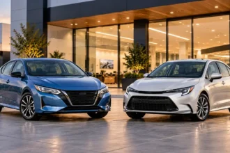 Used Nissan Sentra and Toyota Corolla compact sedans compared side by side.