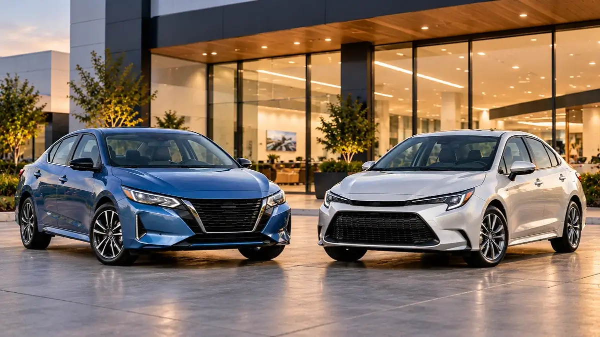 Used Nissan Sentra and Toyota Corolla compact sedans compared side by side.